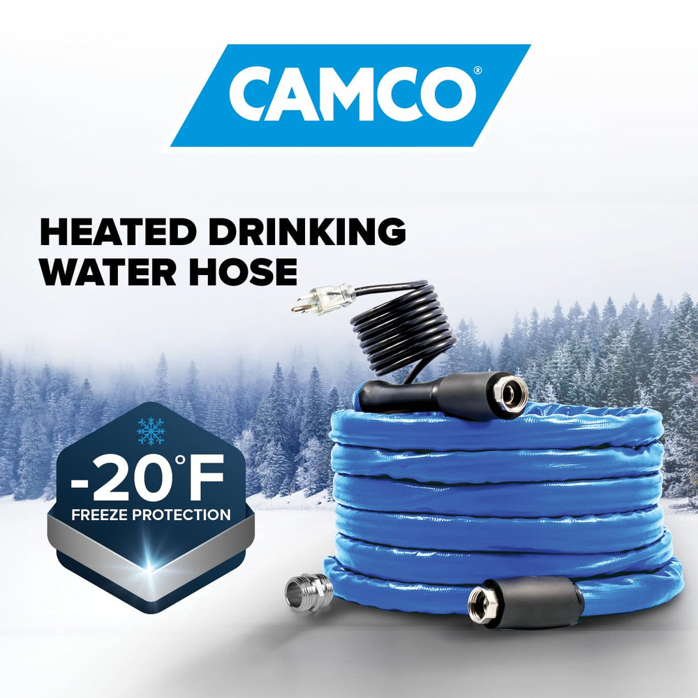 Camco heated water hose installed for RV setup with frost protection.