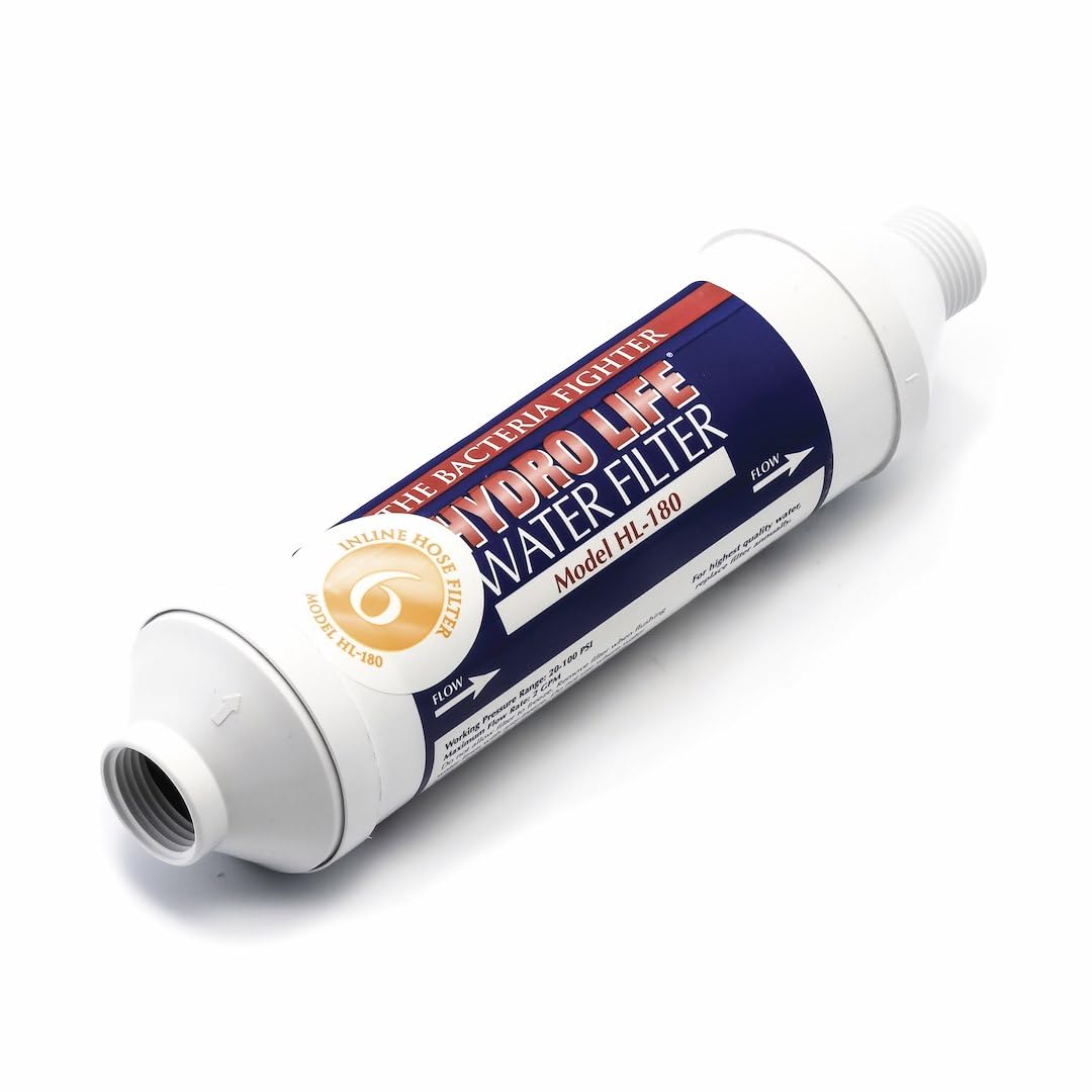 Camco Hydro Life inline filter installation shows tool-free setup for RV water hookups