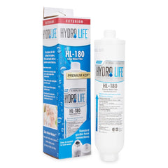 Camco Hydro Life in-use filter image shows improved water taste at outdoor hookups