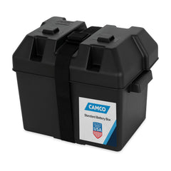 Camco large battery box lid with lift-off design for secure storage in RV, marine, and automotive setups.
