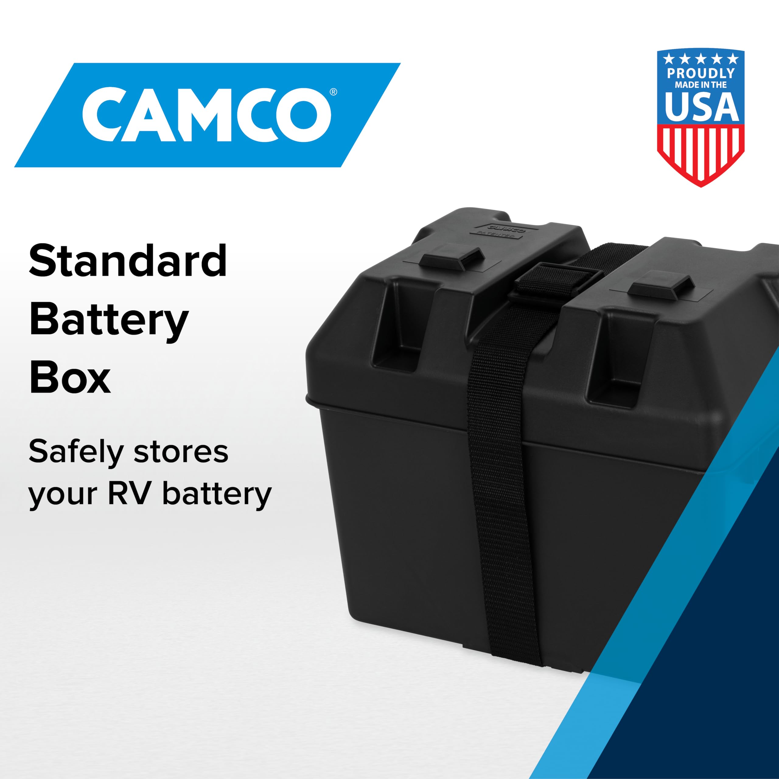 Camco battery box strap provides durable hold-down for vibration-prone installations.