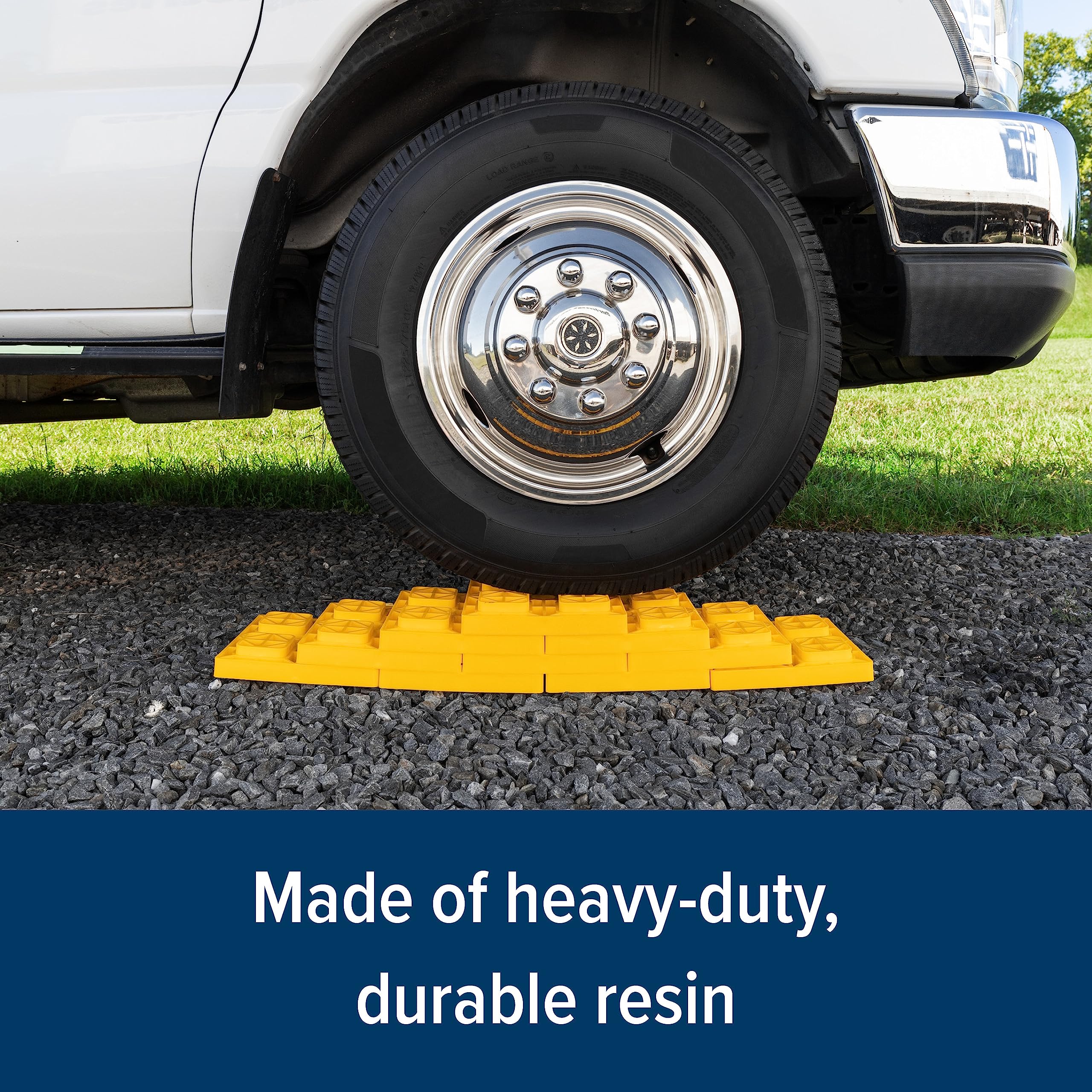 Camco leveling blocks with bright yellow color improve campsite visibility.