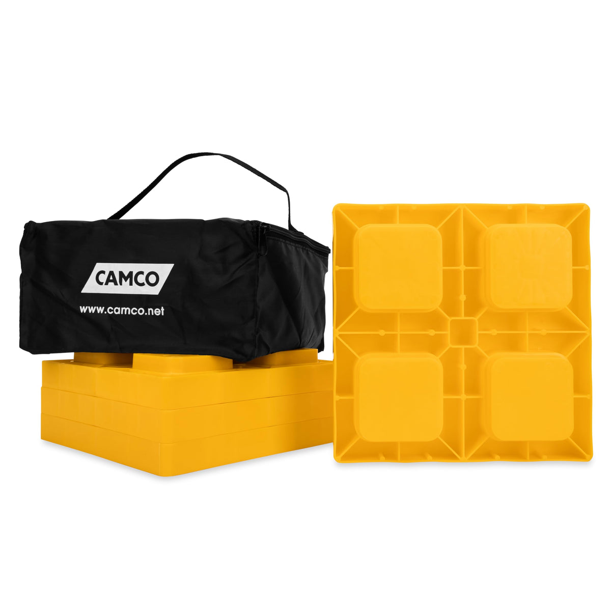 Camco leveling blocks with interlocking design for easy, stable RV leveling.