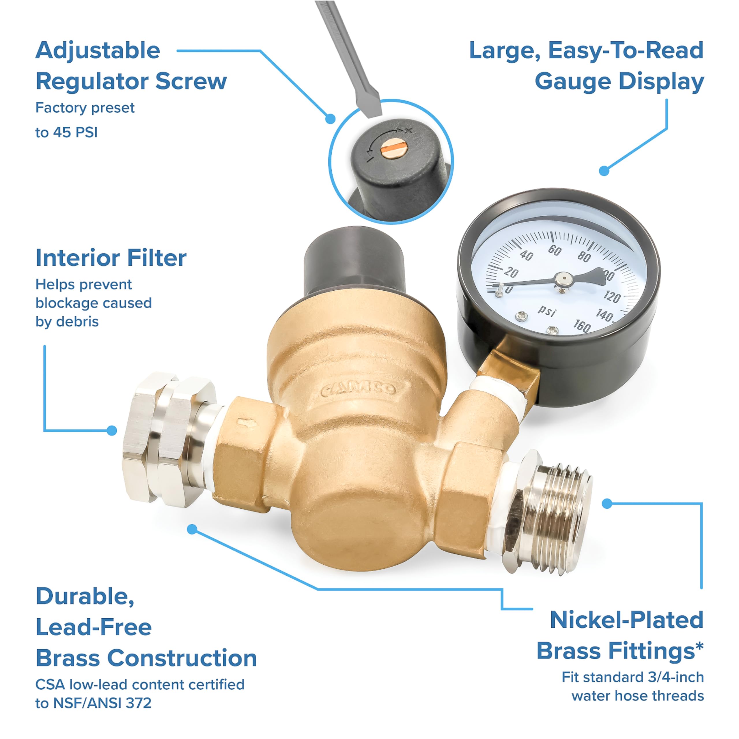 Camco regulator in durable brass construction, CSA low lead certified