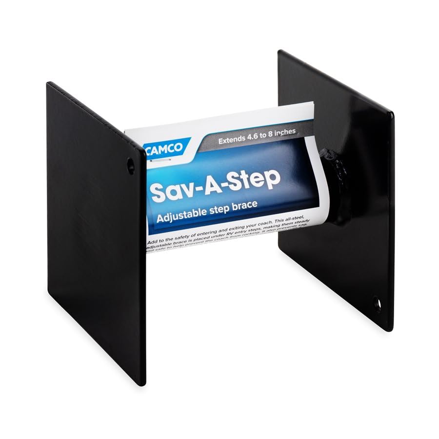 Camco Outdoor camper step brace maintains safe entry on rough terrain.