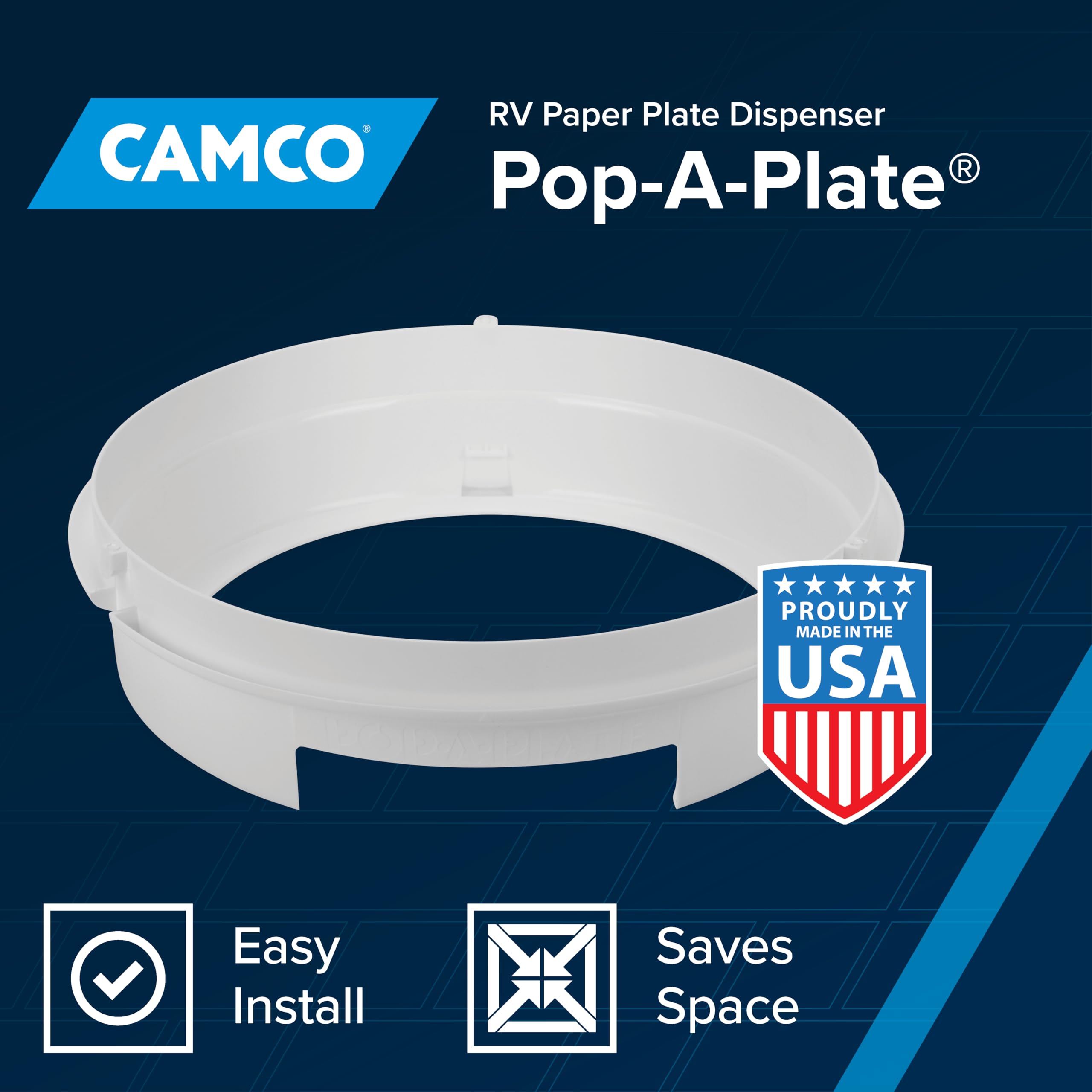 Camco Pop-A-Plate dispenser holds and dispenses plates for quick meals.