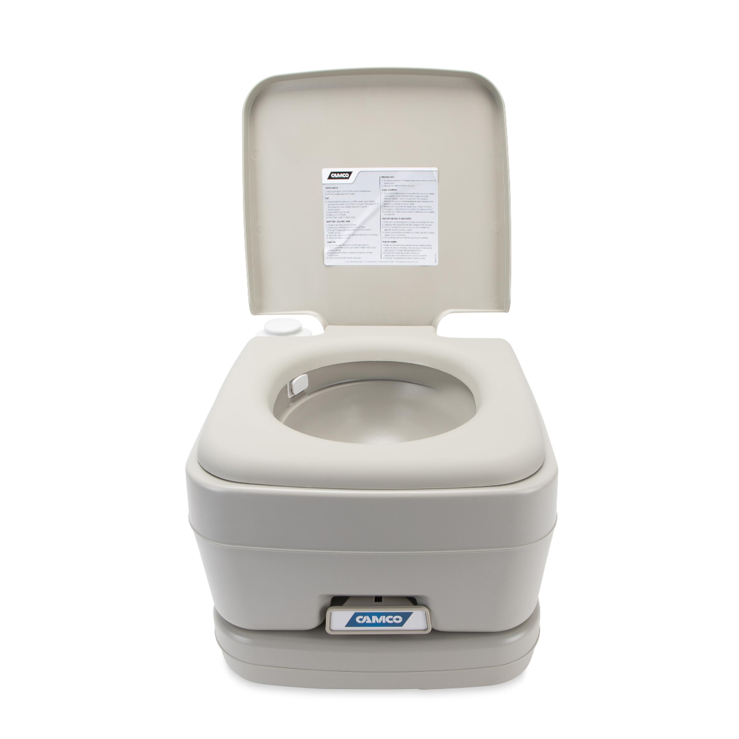 Camco portable toilet compact size fits tight campsites and RVs.