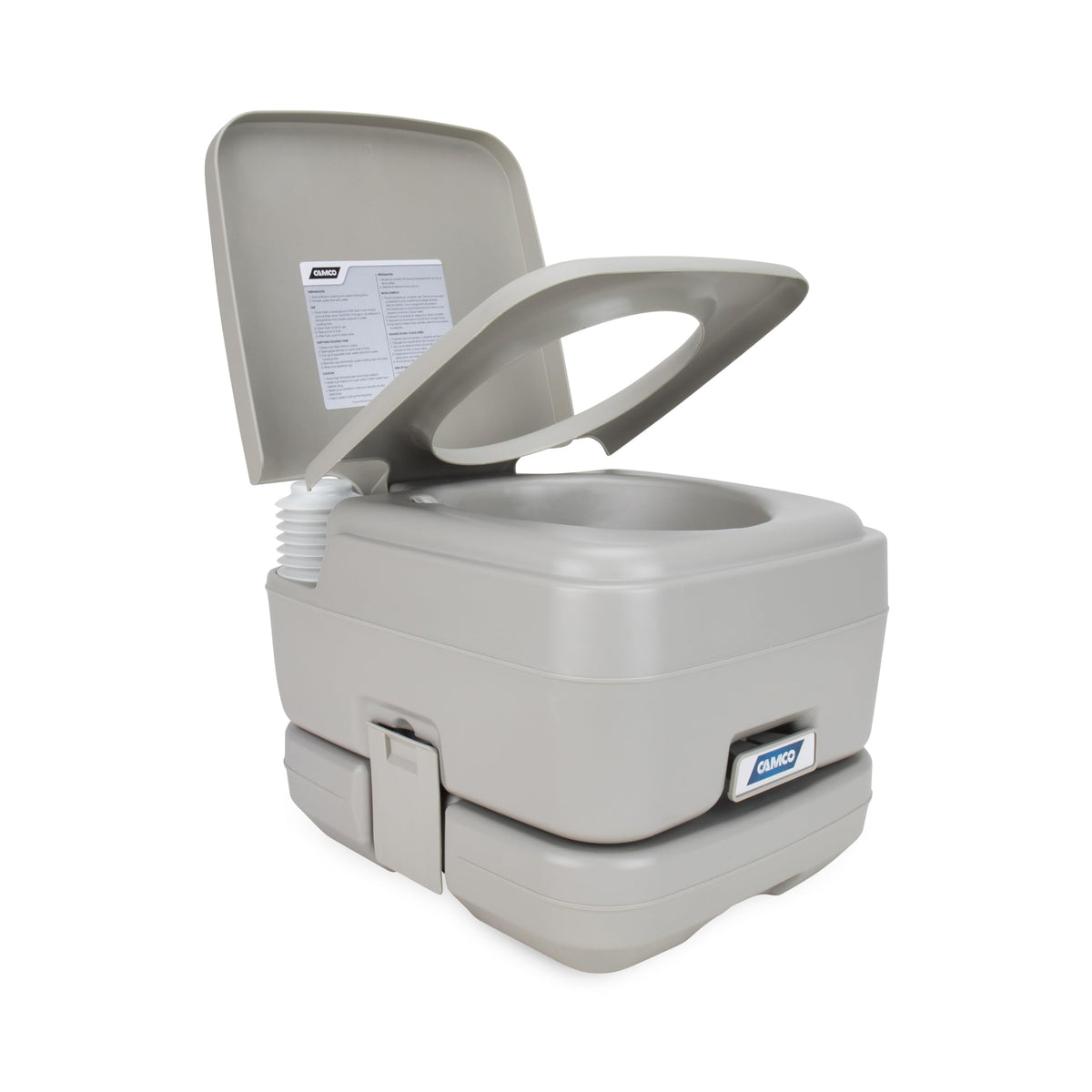 Camco portable toilet holding tank detachable for quick emptying on camping trips.