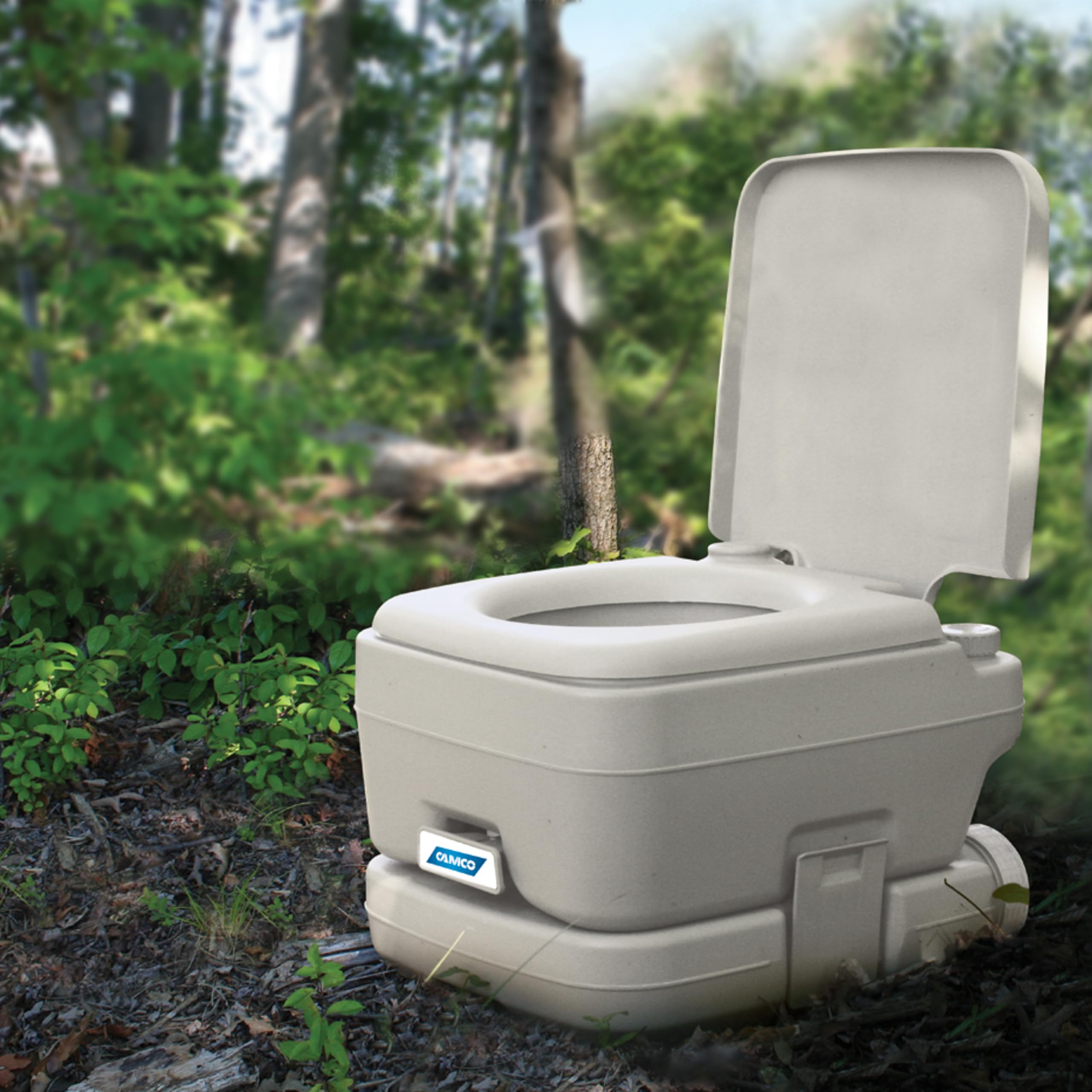 Camco portable toilet with sealing side valve helps contain odors during adventures.