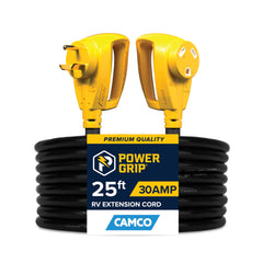 Camco Power Grip 25ft 30A RV extension cord with TT-30P to TT-30R for reliable power.