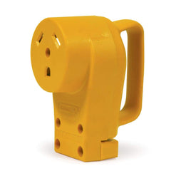 Camco Power Grip 30A female receptacle front view with easy-grip handle for safe connection