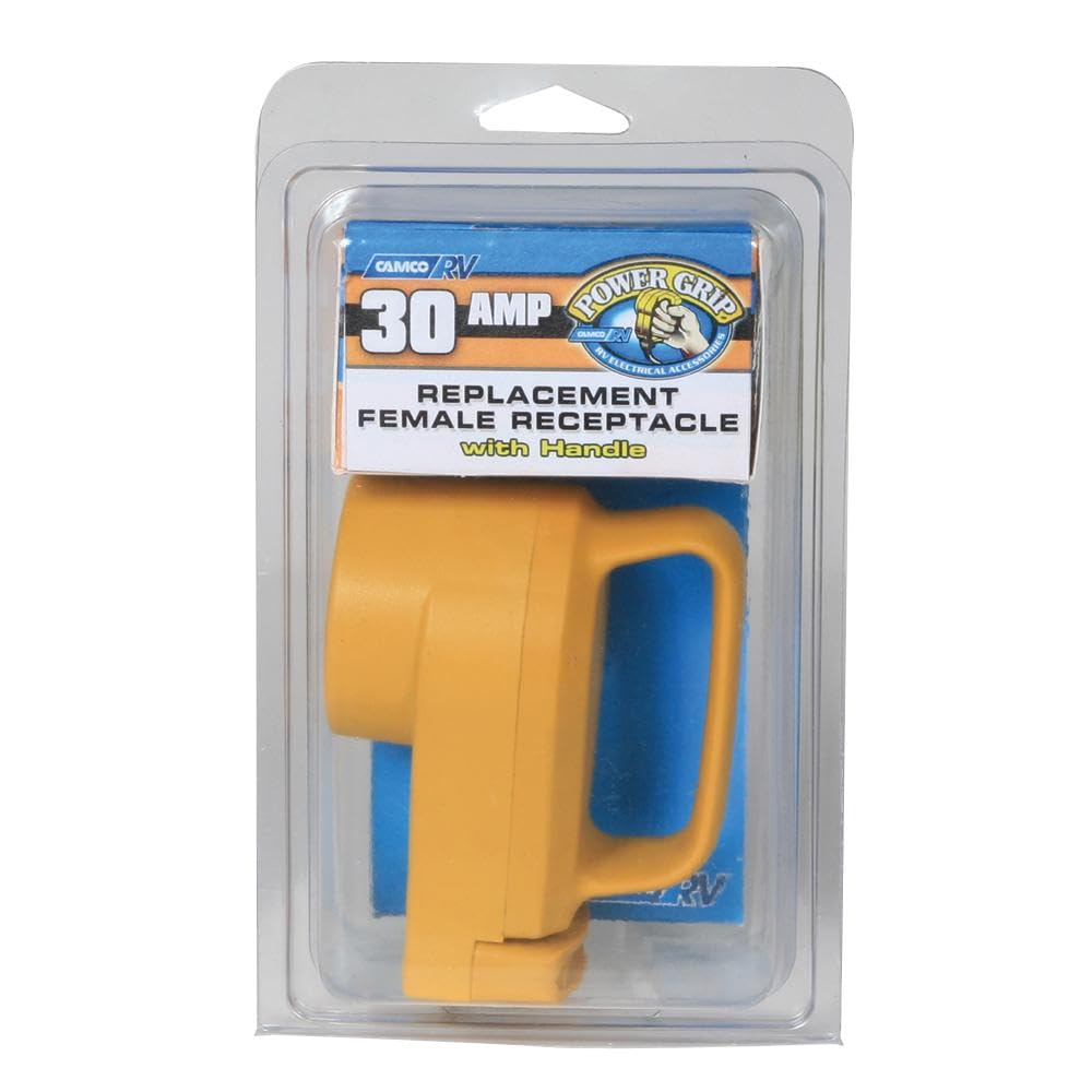Camco Power Grip 30A receptacle installed on camper cord for smoother unplugging and reliability