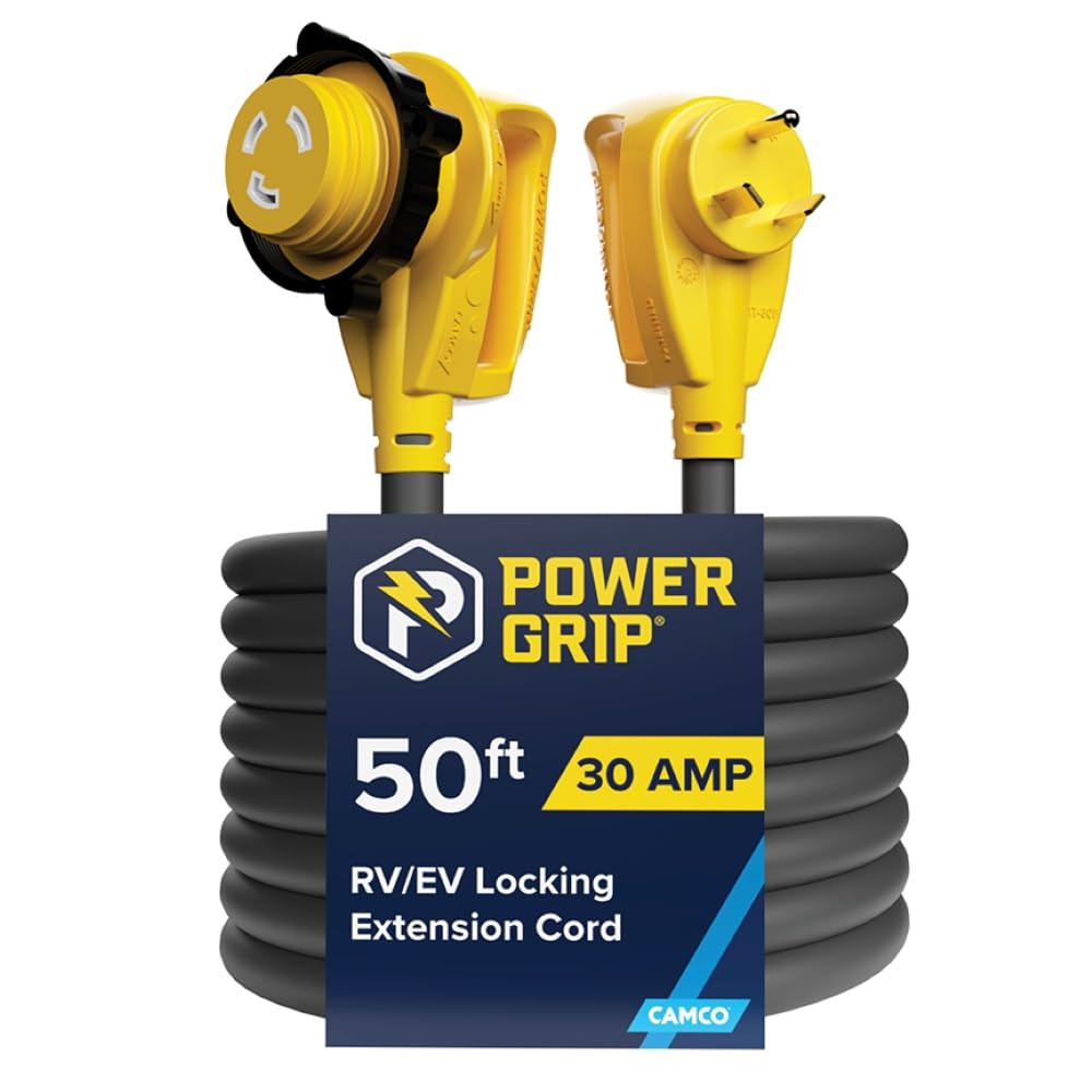 Camco Power Grip 50ft 30A TT-30P male connector enables RV power extension