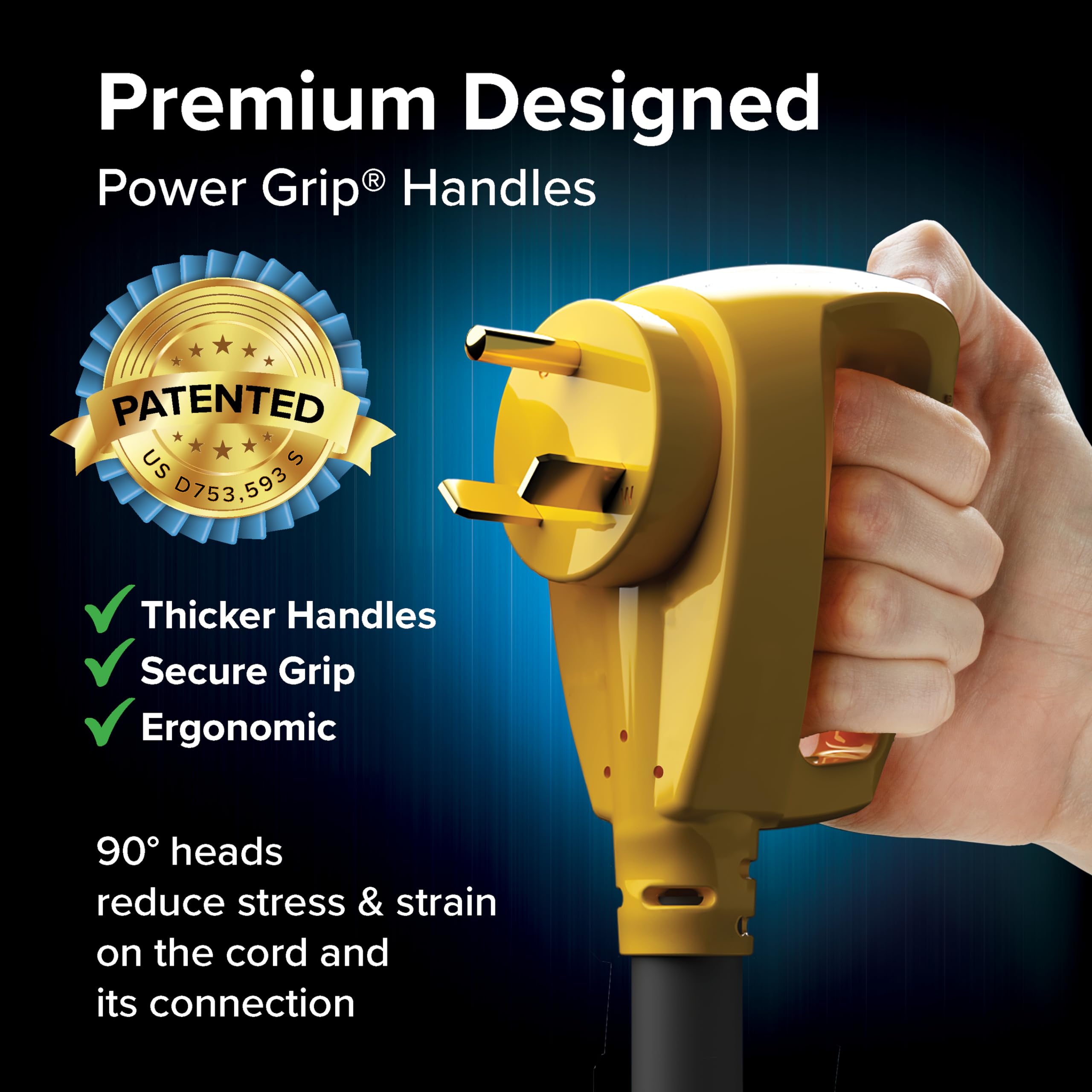 Camco Power Grip 90-degree ends reduce strain during plugging and unplugging.