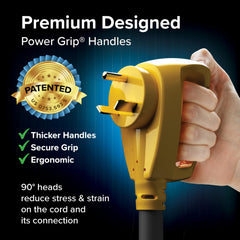 Camco Power Grip 90-degree ends reduce strain during plugging and unplugging.