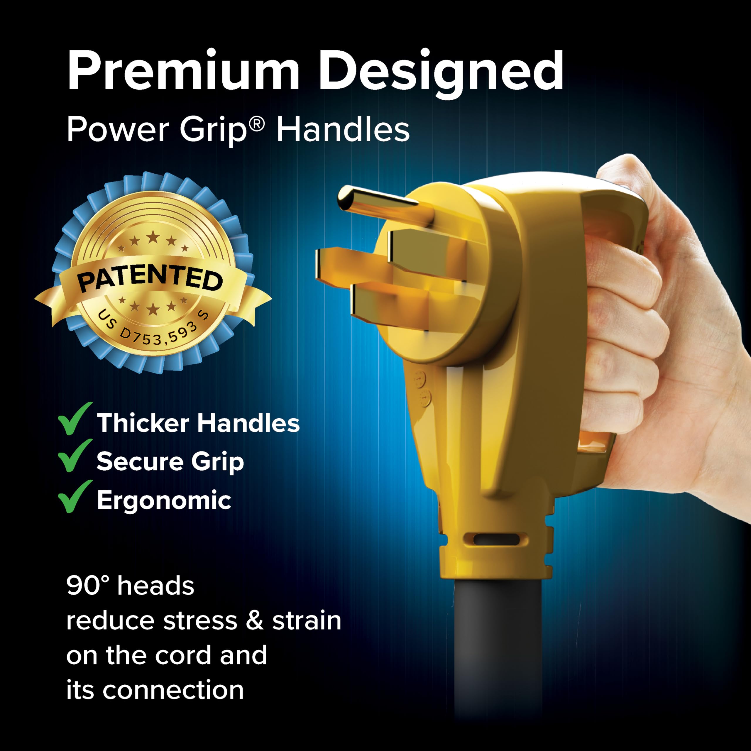 Camco Power Grip patented easy-grip handles for simple plugging
