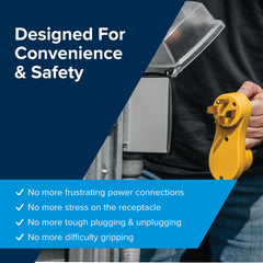 Camco Power Grip Handle shown for quick plug and unplug.
