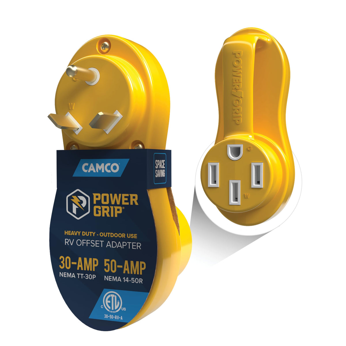 Camco Power Grip Offset Adapter connects 50A RV to 30A outlet for easier campsite power.