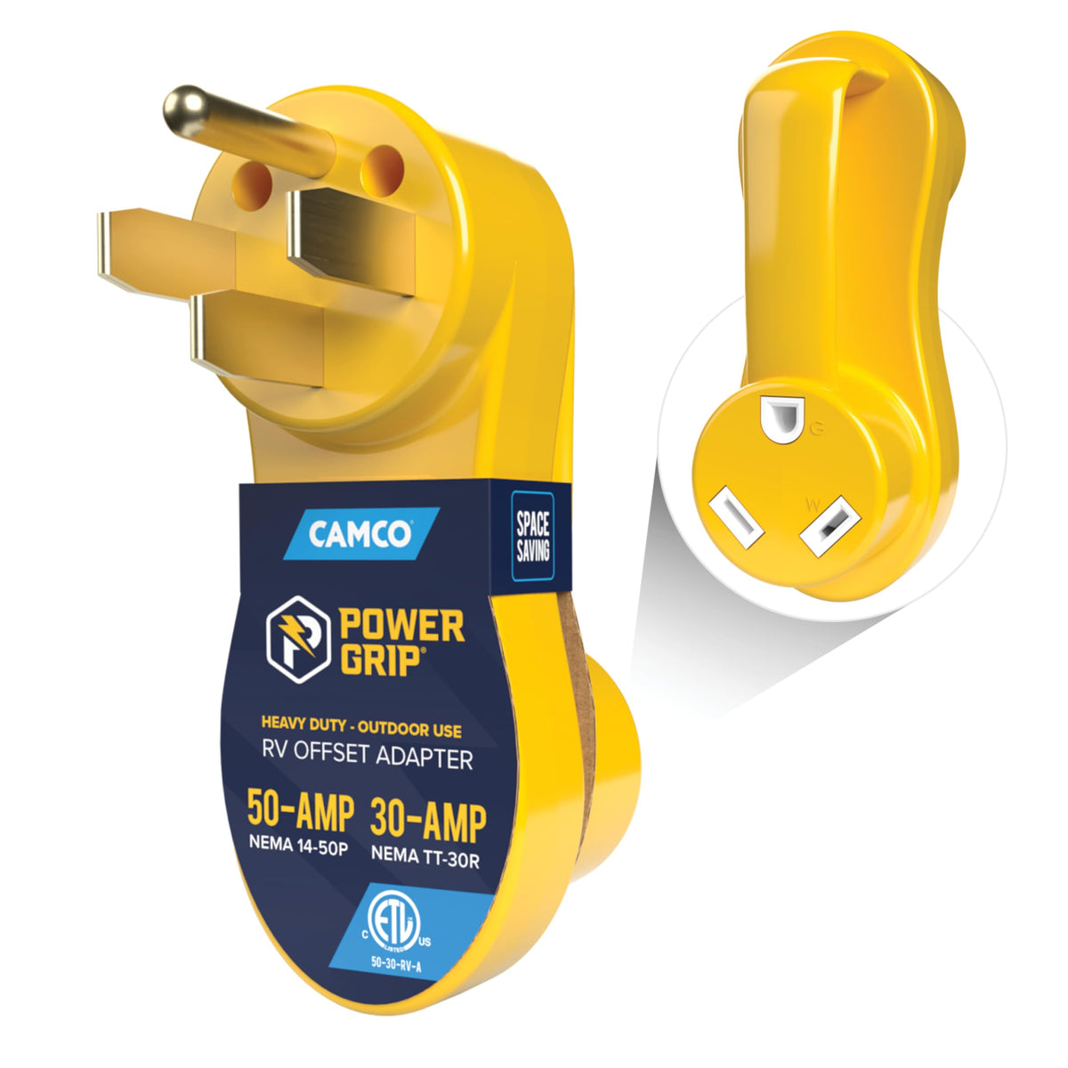Camco Power Grip Offset Adapter enables a smooth 50A to 30A campground connection for easier setup.