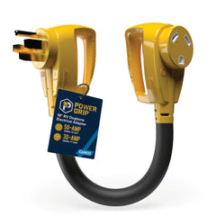 Camco PowerGrip 18in adapter connects 50A to 30A for RV power reliability