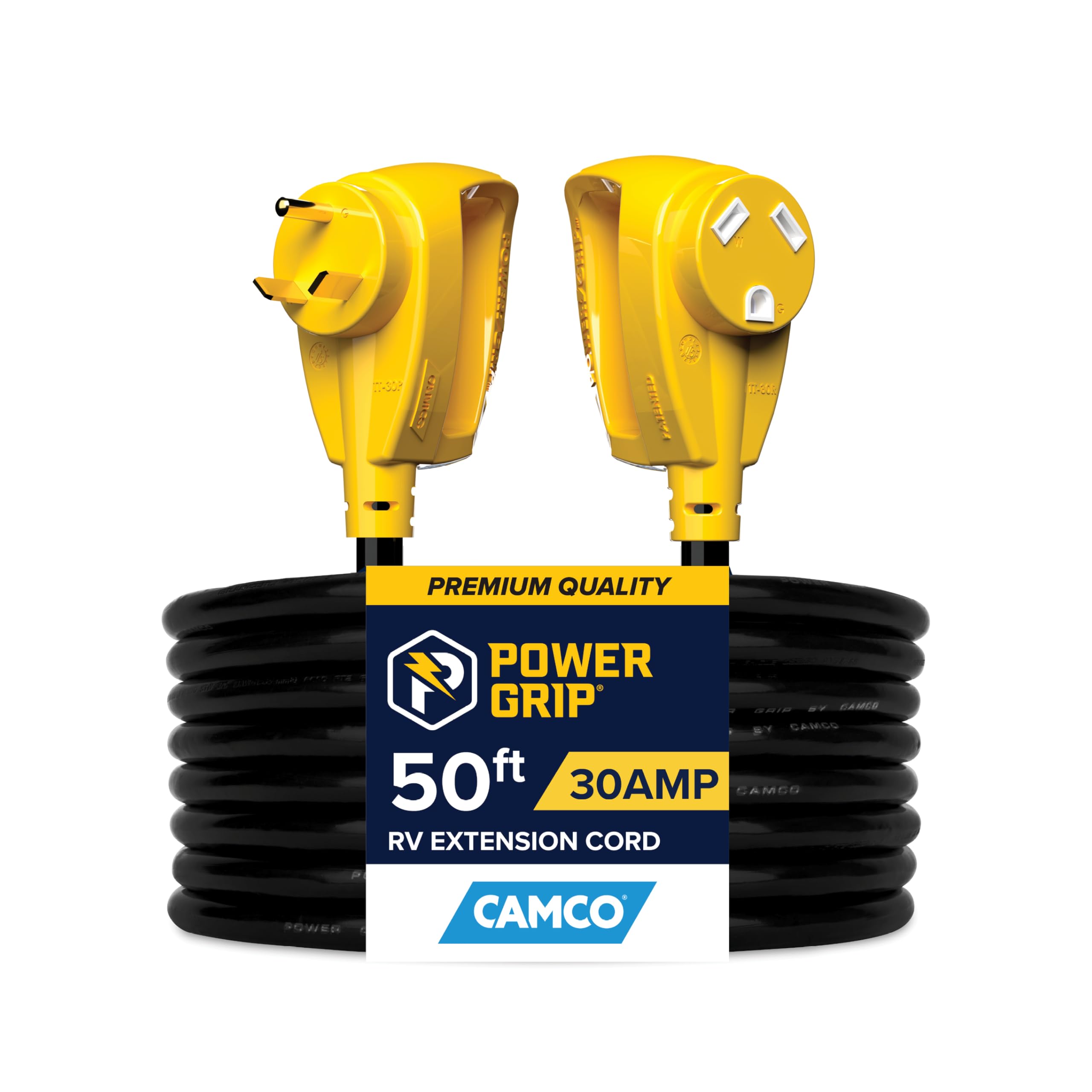 Camco PowerGrip 50ft extension cord with locking TT-30 connectors for RV use.