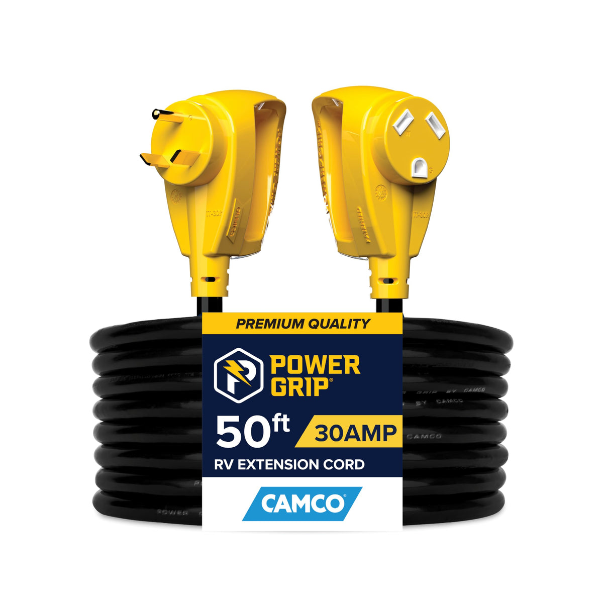 Camco PowerGrip 50ft extension cord with locking TT-30 connectors for RV use.