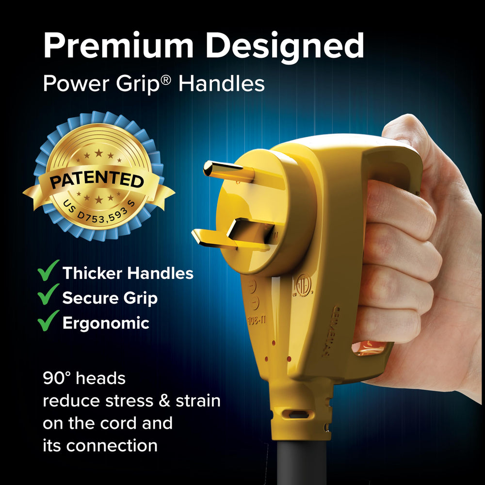 Camco PowerGrip locking adapter close-up shows a secure, easy plug-in.