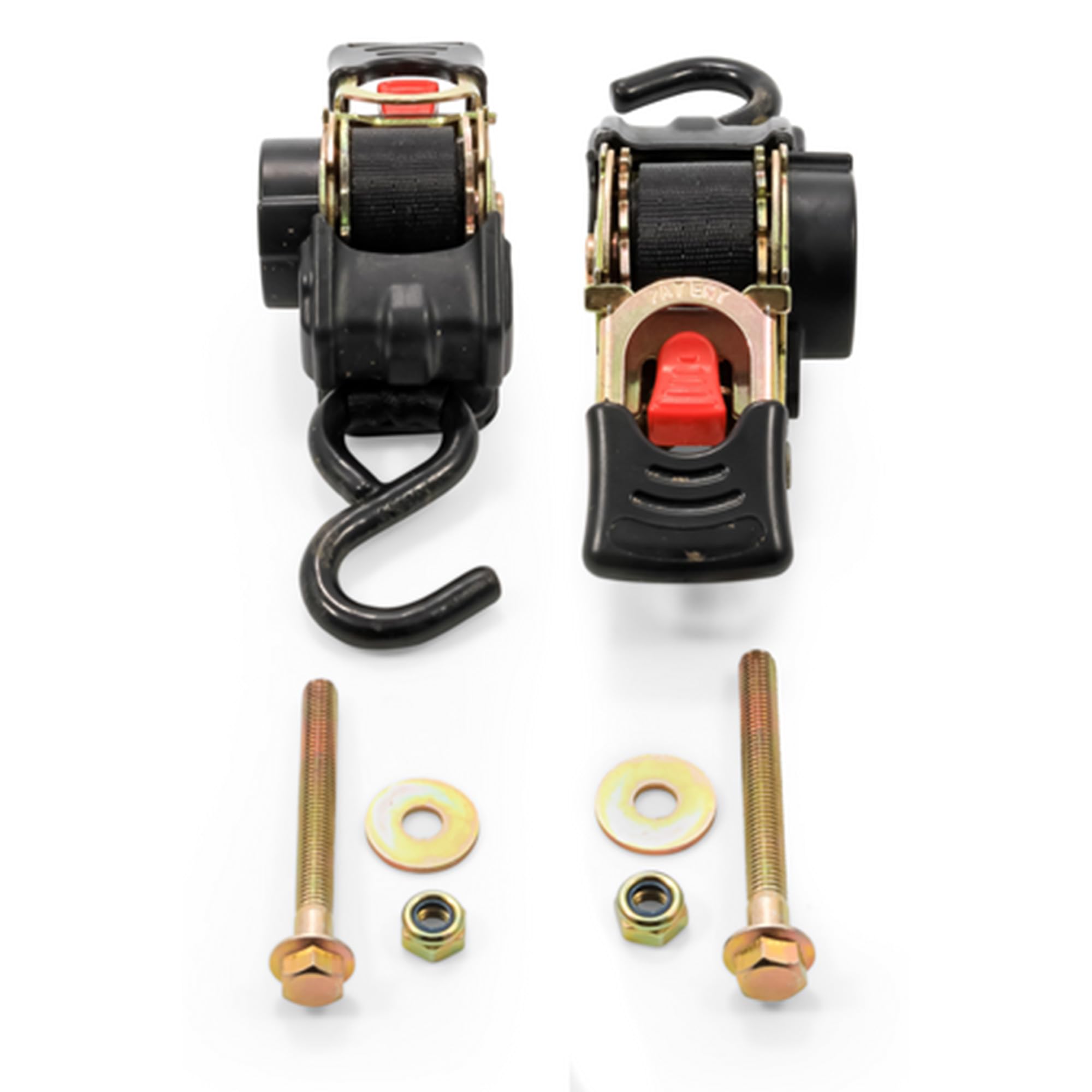 Camco retractable transom tie down strap mounted on trailer for secure travel.