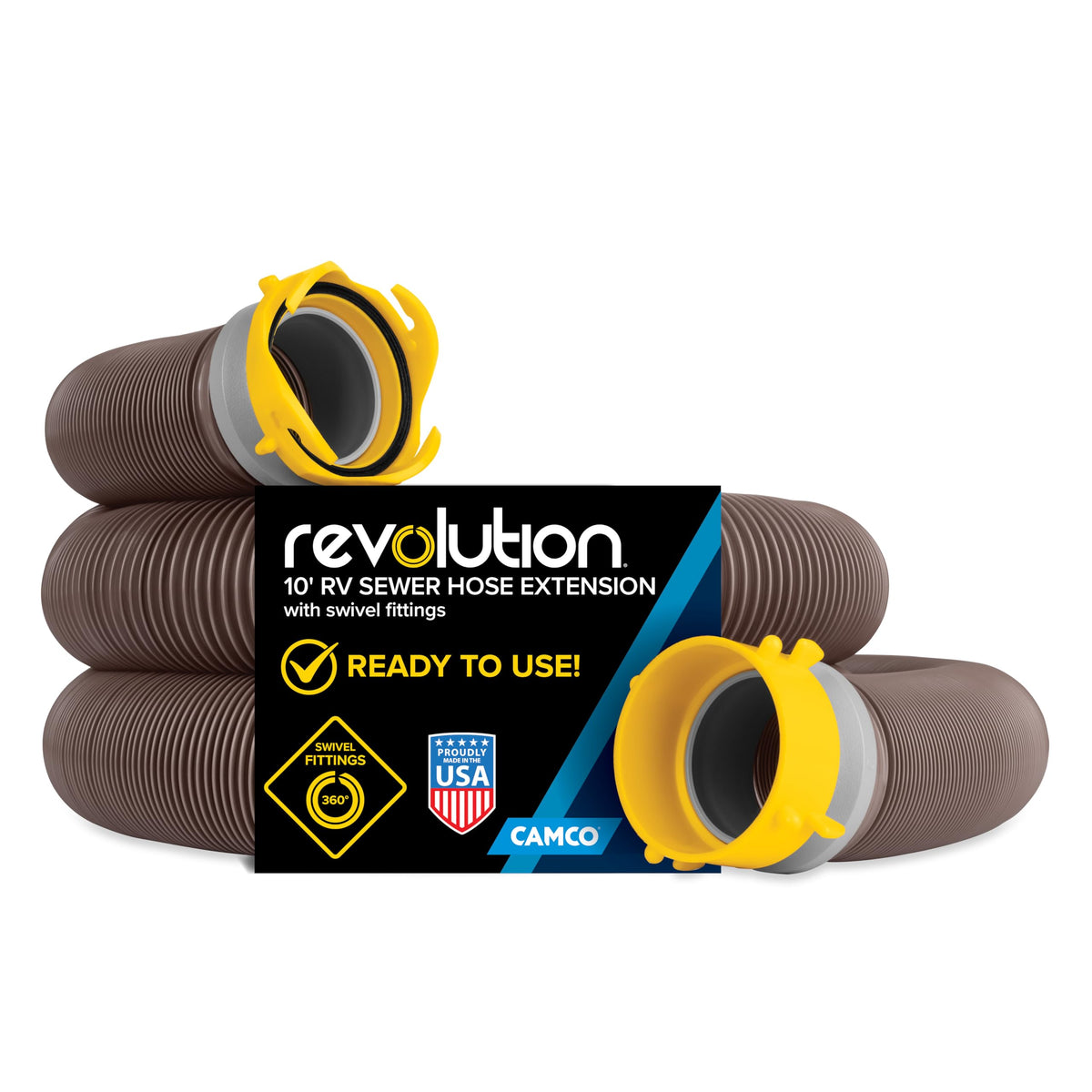 Camco Revolution 10ft RV sewer hose extension enables quick dump station hookups.