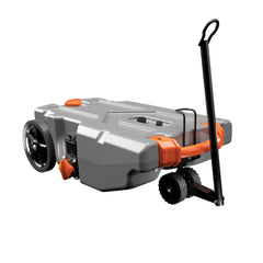 Camco Rhino 28-Gallon tote tank with steerable front wheels for easy maneuvering around campsites.