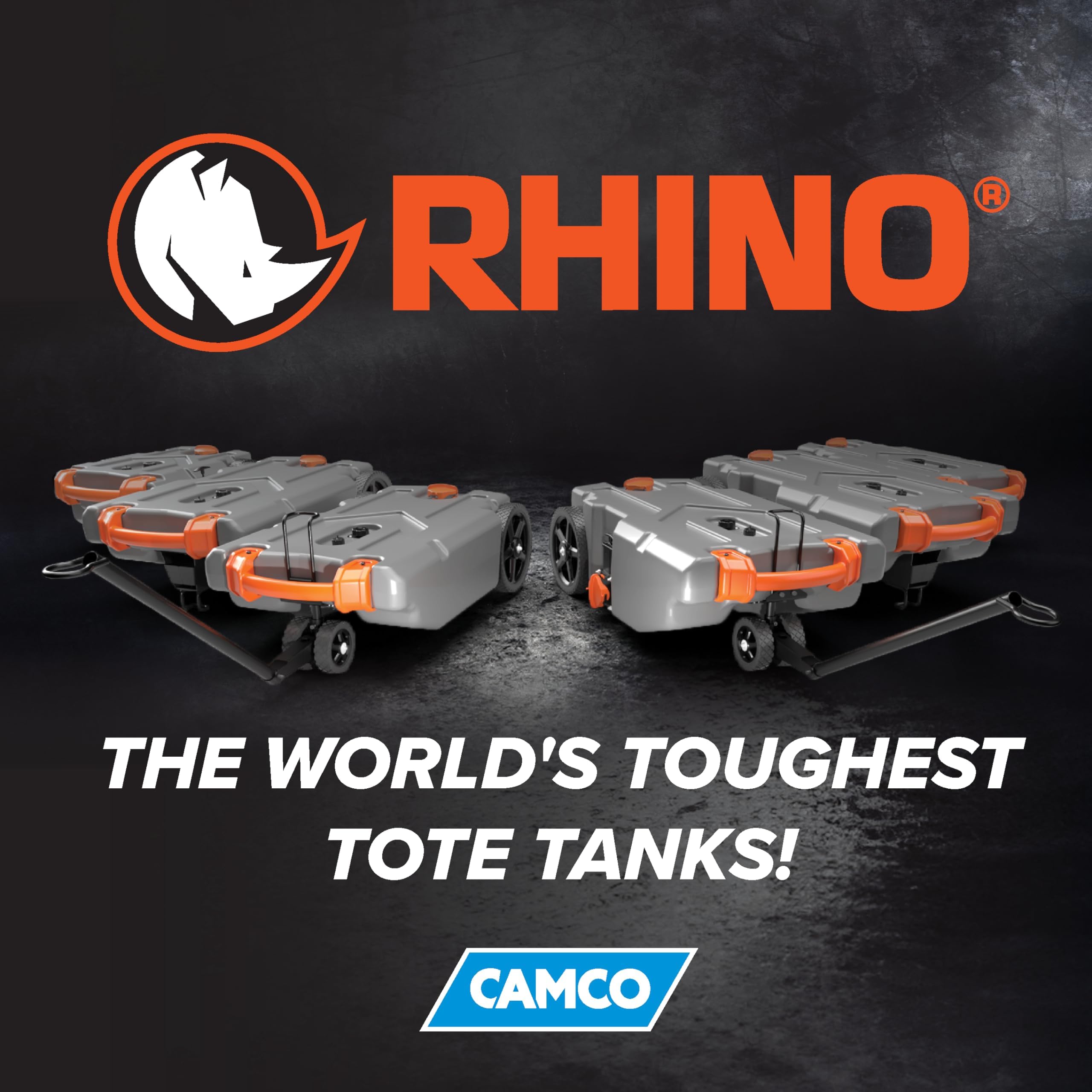Compact storage option for Camco Rhino tote tank with compressed hose.