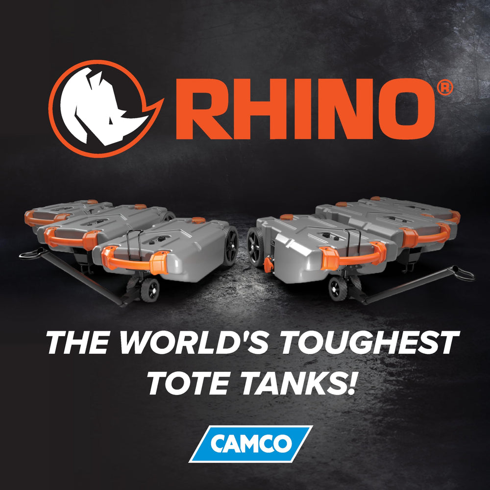 Compact storage option for Camco Rhino tote tank with compressed hose.