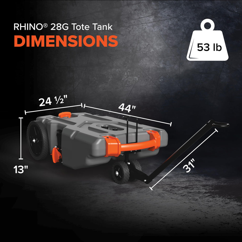 Durable wheelset on Camco Rhino tote tank to handle varied terrain.