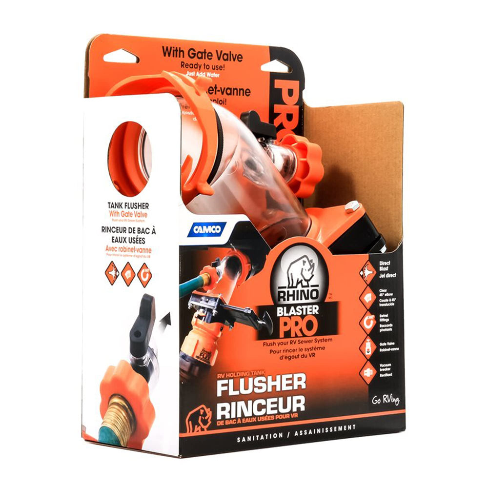 Camco Rhino Blaster Pro connects easily to RV sewer outlet for secure setup.