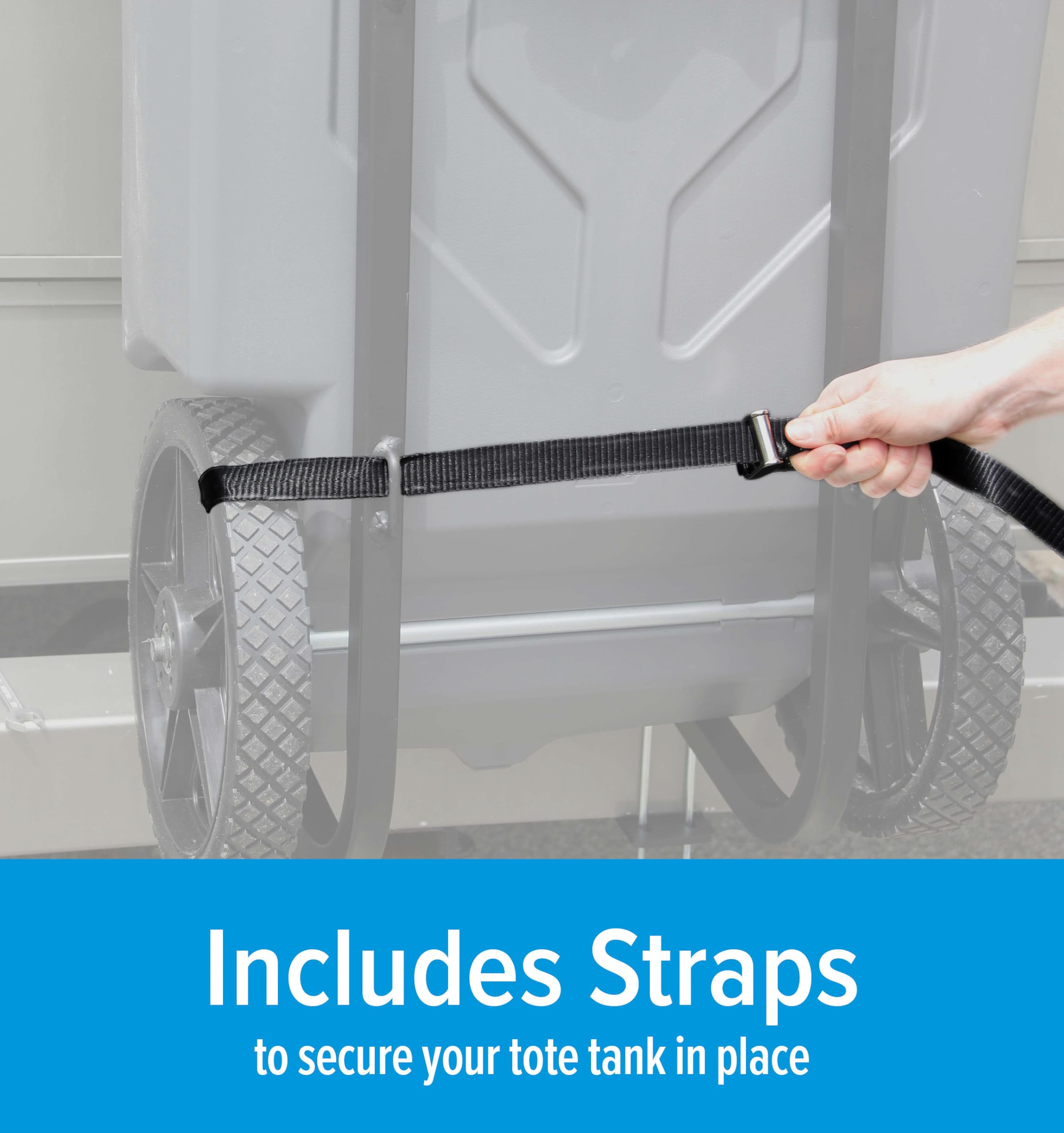 Camco Rhino heavy-duty straps securing tote tank during motion