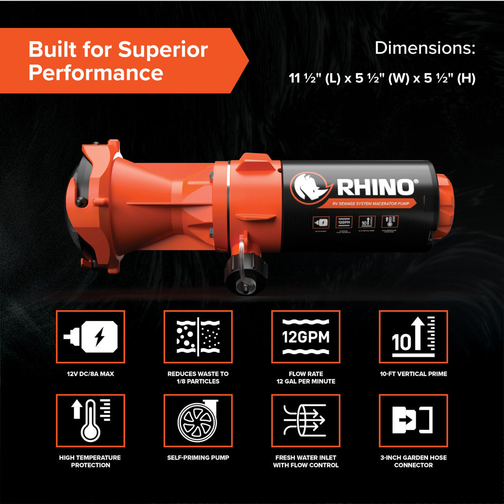 Camco Rhino macerator 15-foot water hose for rinse and cleanup.