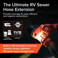 Camco Rhino RV Sewer Extender PRO built-in LED flashlight aids nighttime use.