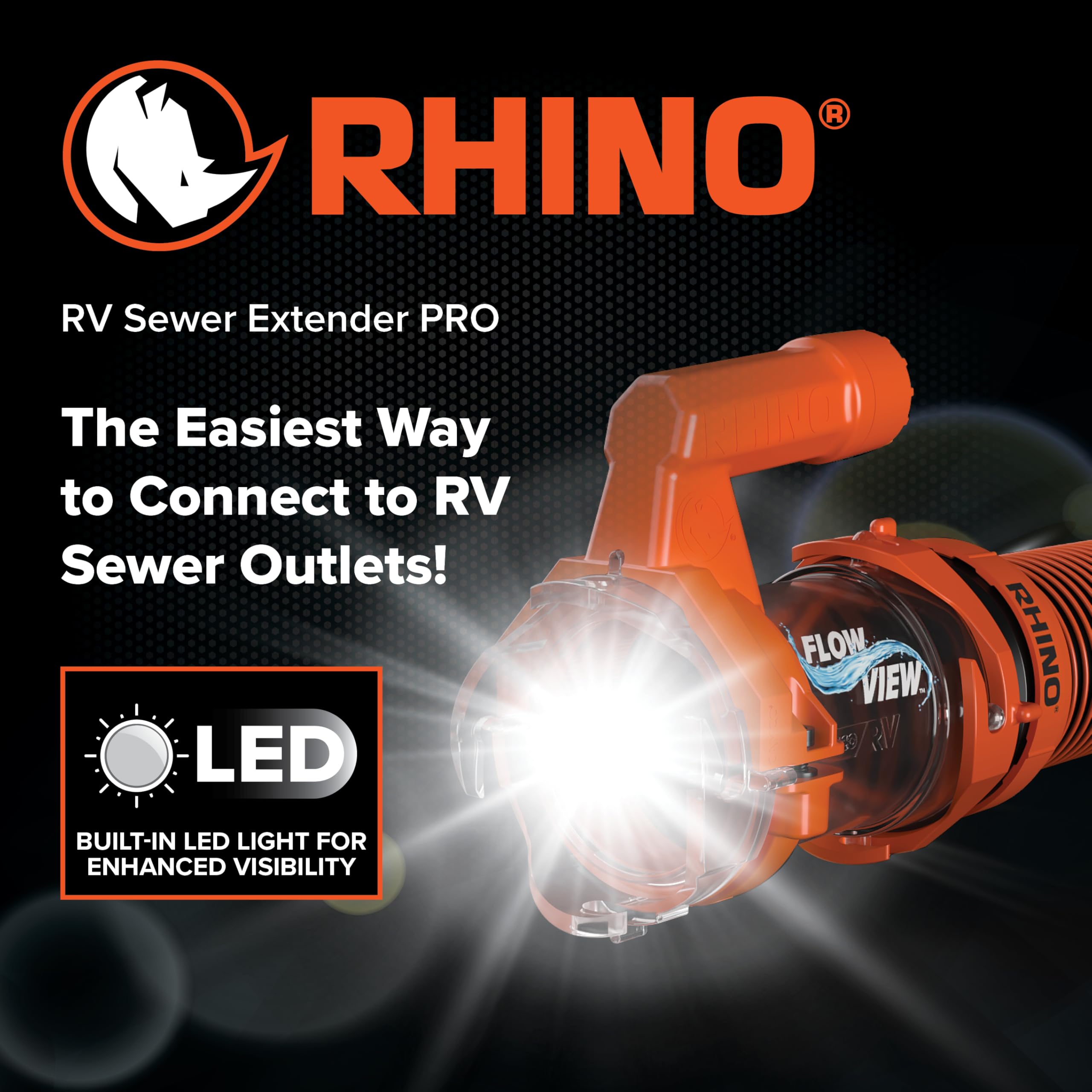 Camco Rhino RV Sewer Extender PRO torque-grip handle enhances leverage during connections.