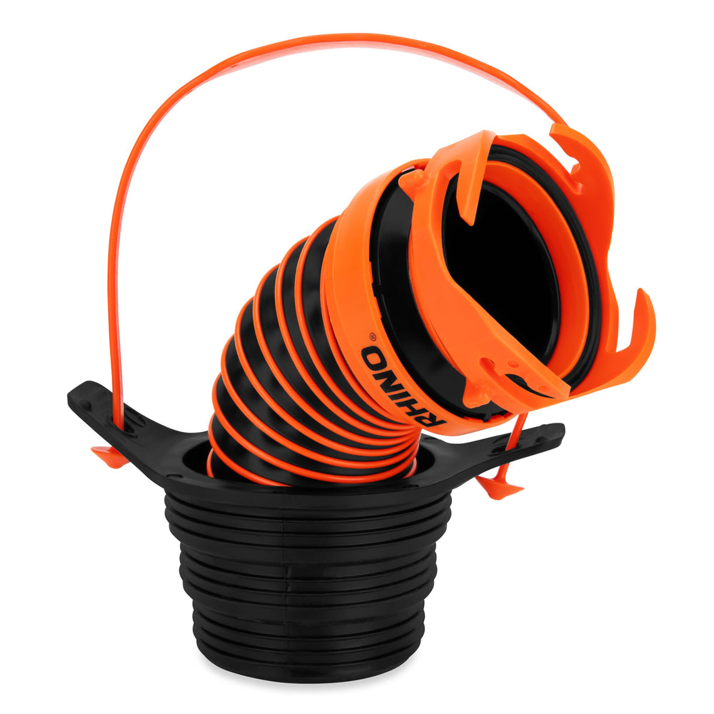 Camco Rhino sewer hose adapter enables quick, secure RV hookups even in tight spaces.