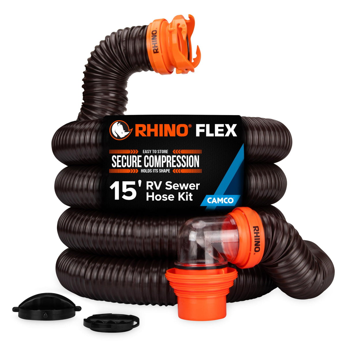 Camco RhinoFLEX 15ft hose kit ready for RV dump, flexible and ready for tight spaces.