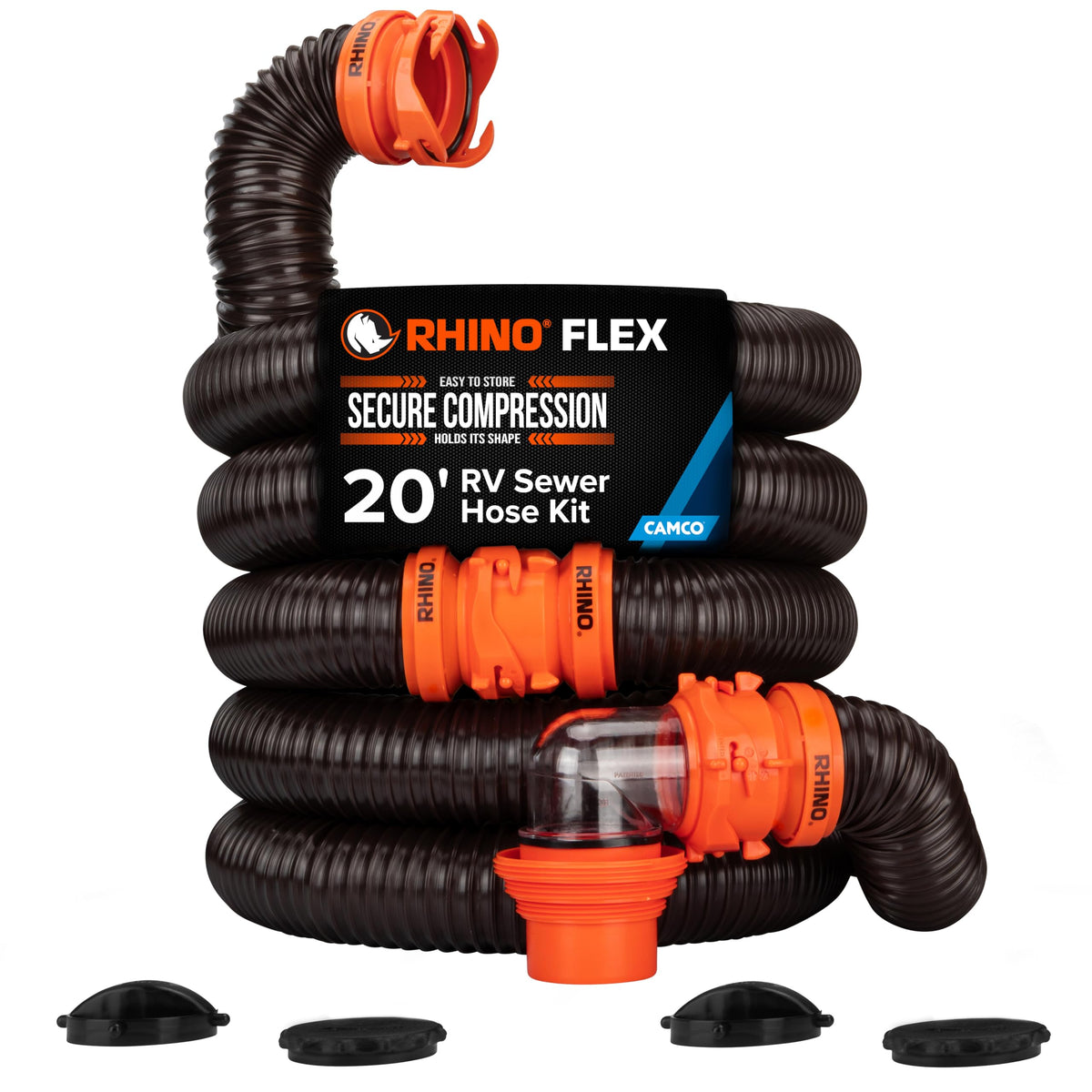 Camco RhinoFLEX 20ft hose kit assembled for RV waste dumping.