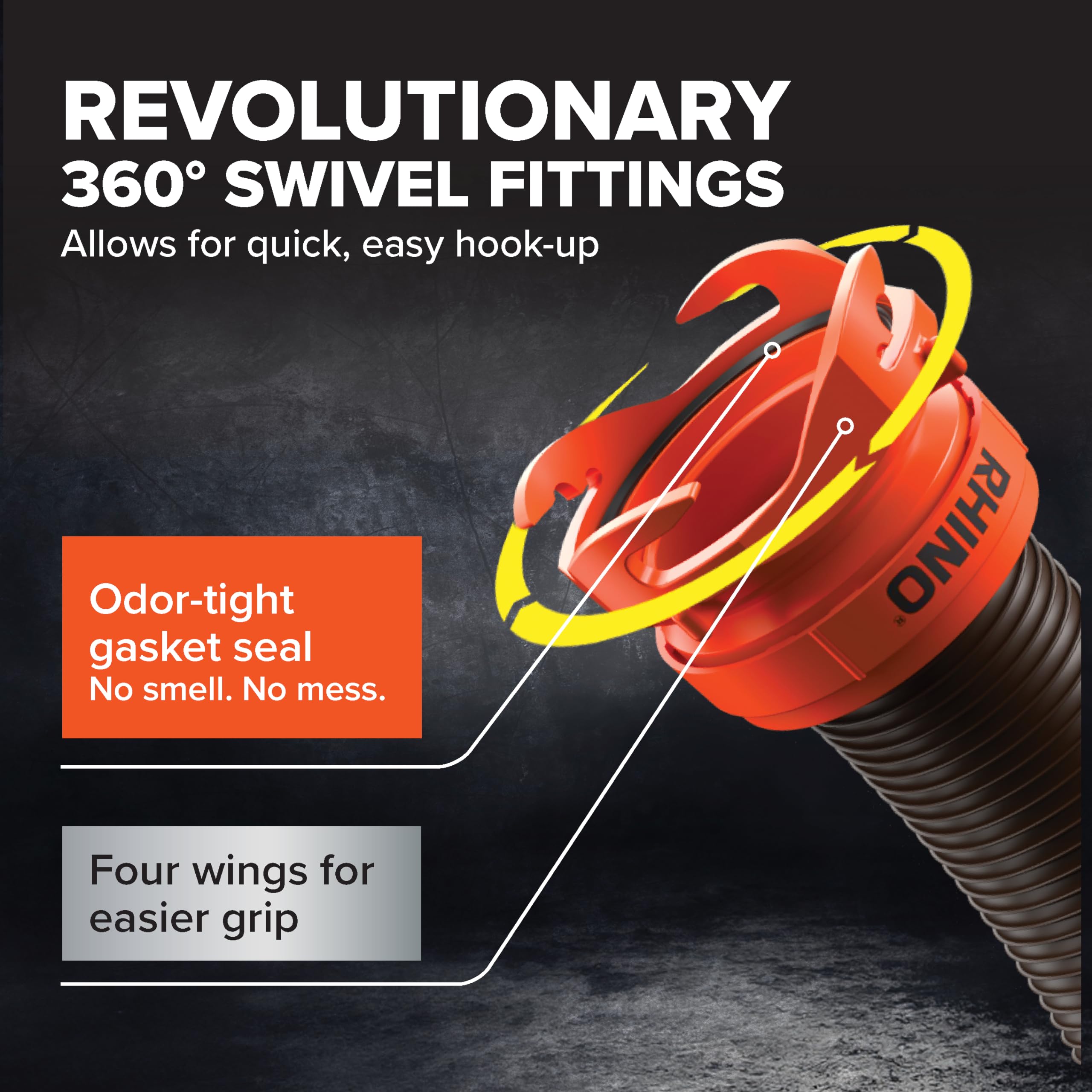 360-degree swivel fittings on Camco RhinoFLEX simplify setup.