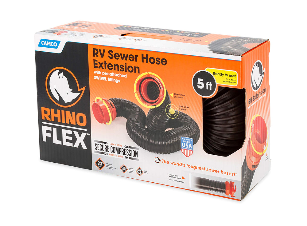 Camco RhinoFLEX durable polyolefin hose reinforced with steel wire.
