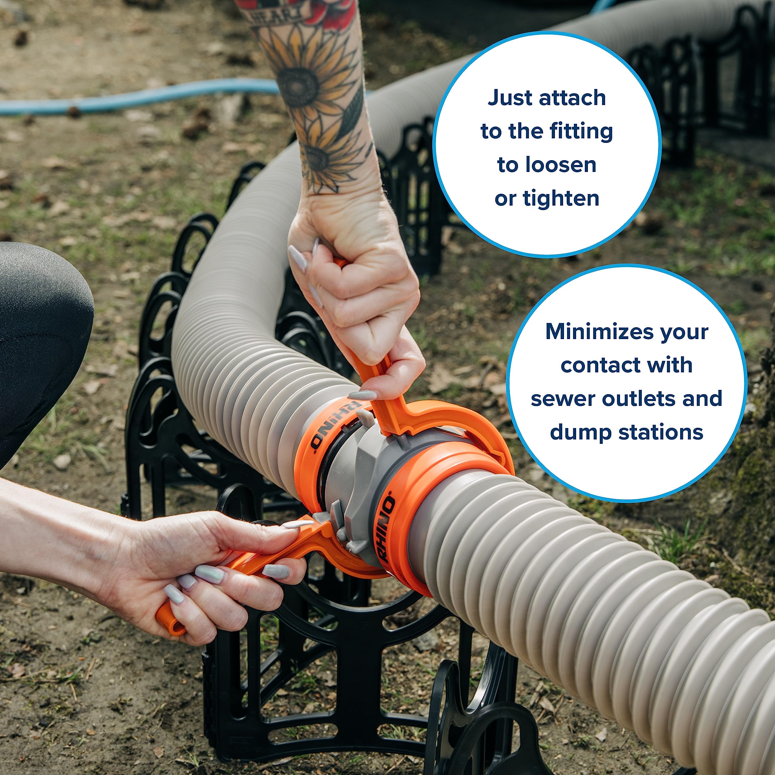 Ergonomic RhinoFLEX wrench design reduces hand strain during fittings.