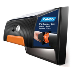 Camco RV bumper cap solar light front view for safer nighttime navigation