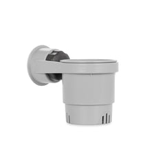 Camco RV cup holder with mechanical suction mounted on glass for a secure, portable drink spot.