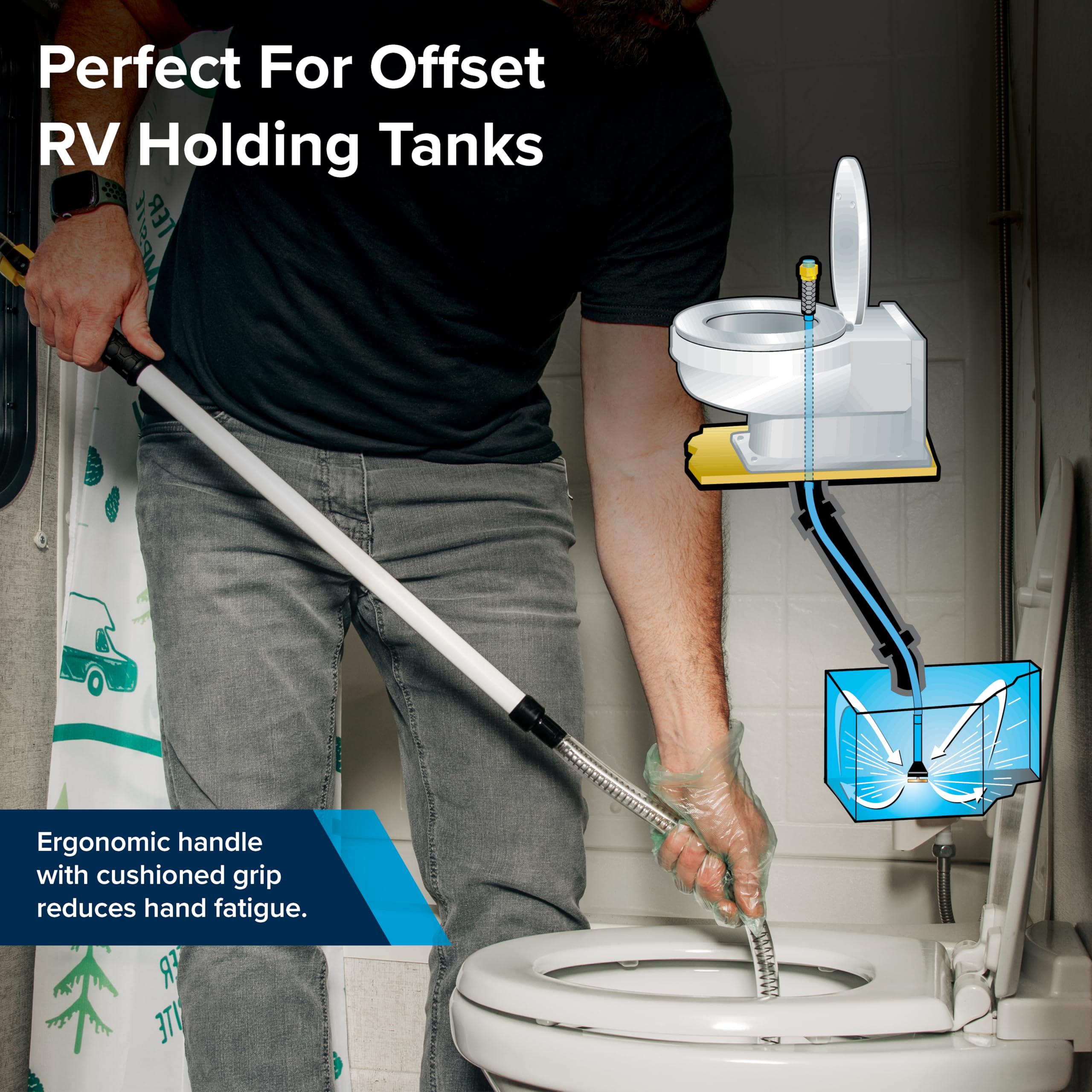 Camco ergonomic Easy Grip handle reduces fatigue during RV rinsing