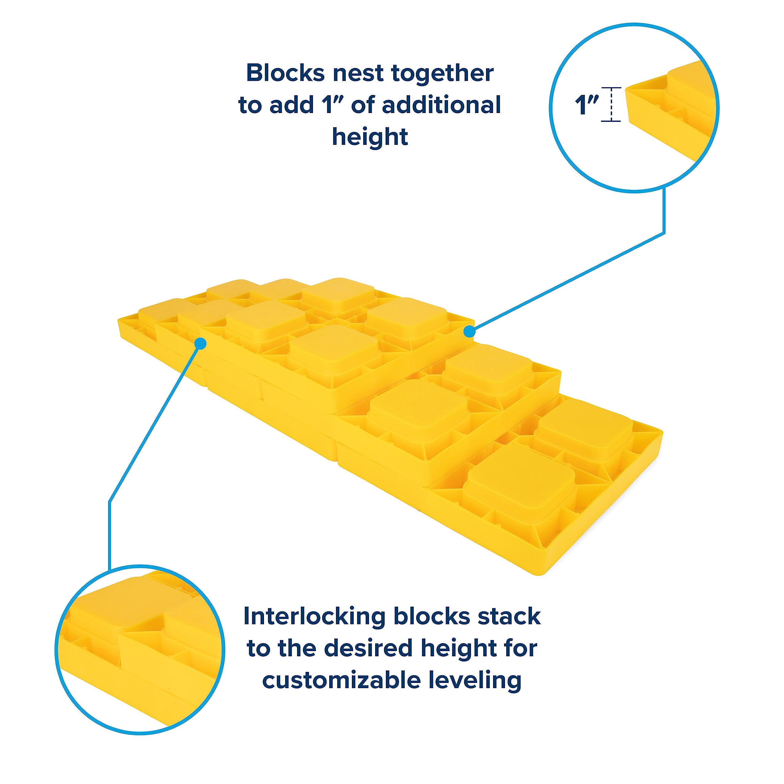 Camco RV leveling blocks made of durable UV-protected resin withstand outdoor use.