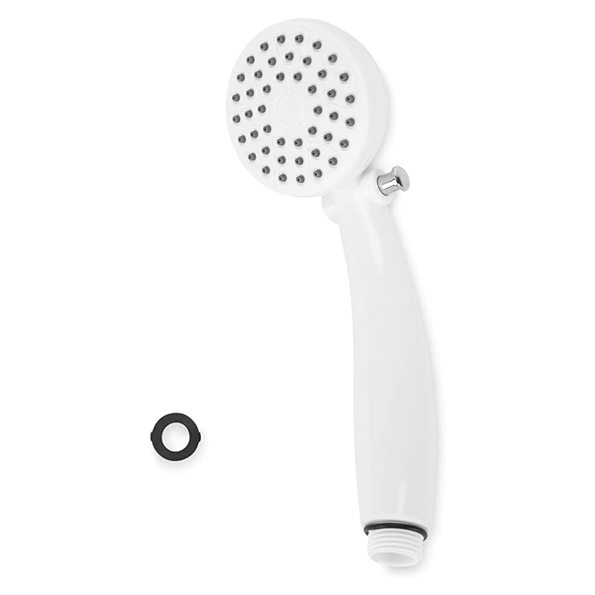 Camco RV outdoor shower head at hose attachment point ready to install