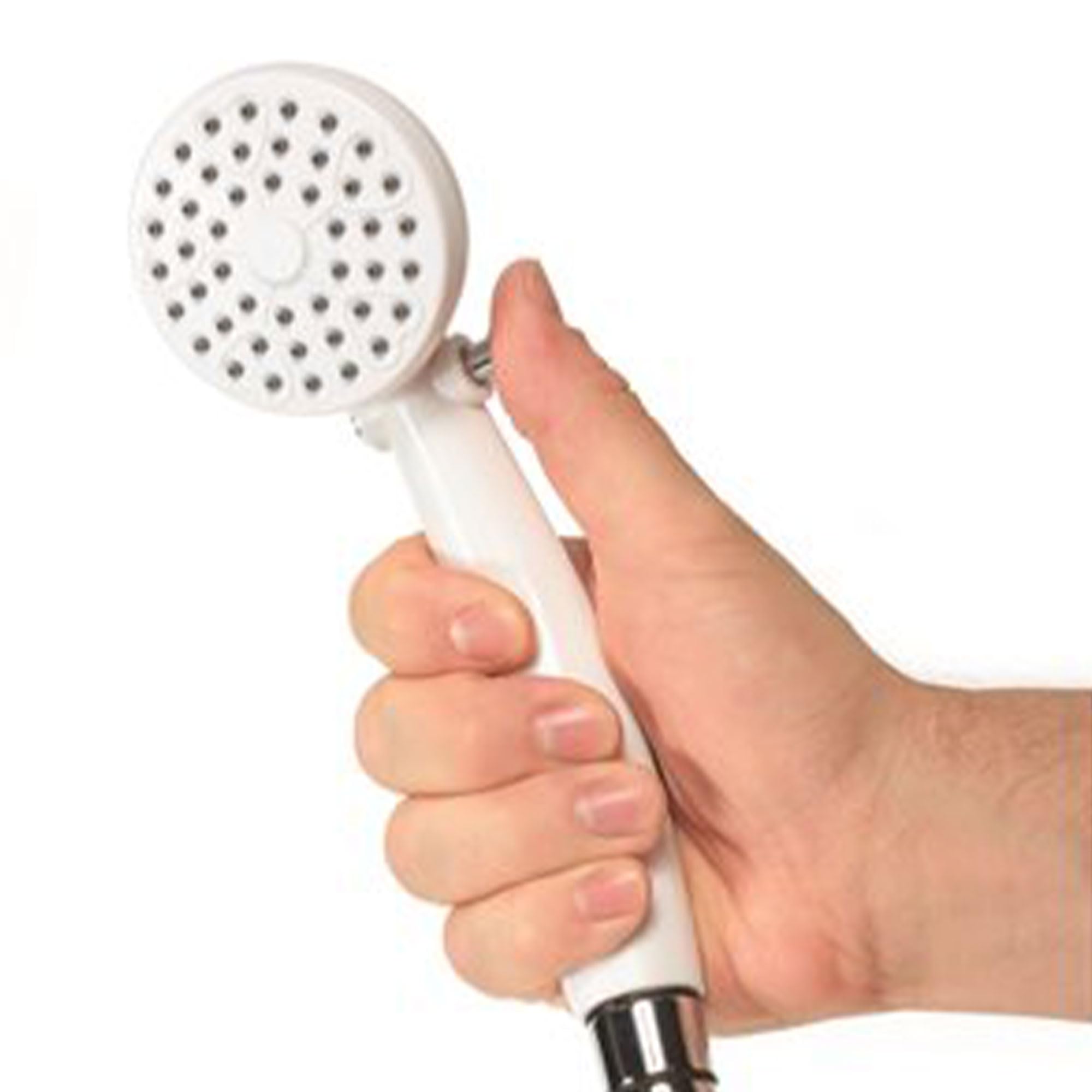 Camco RV outdoor shower head white close-up showing clean finish
